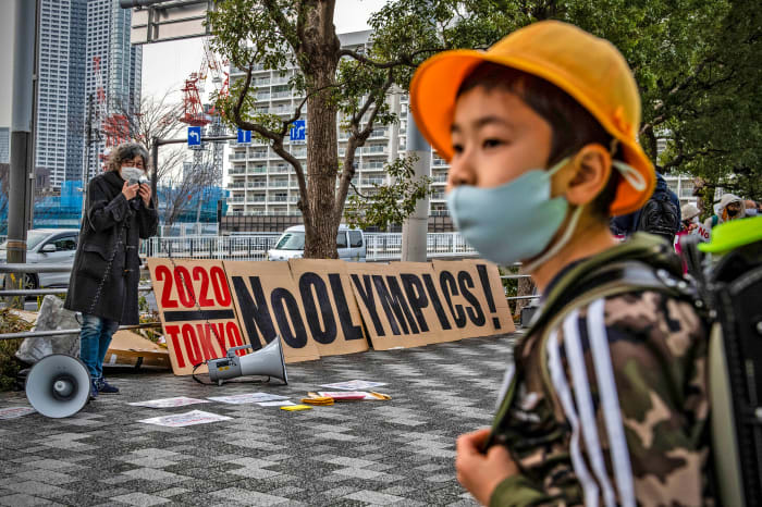 Protests in Tokyo against the Games, like this one in February, have been lonely affairs.